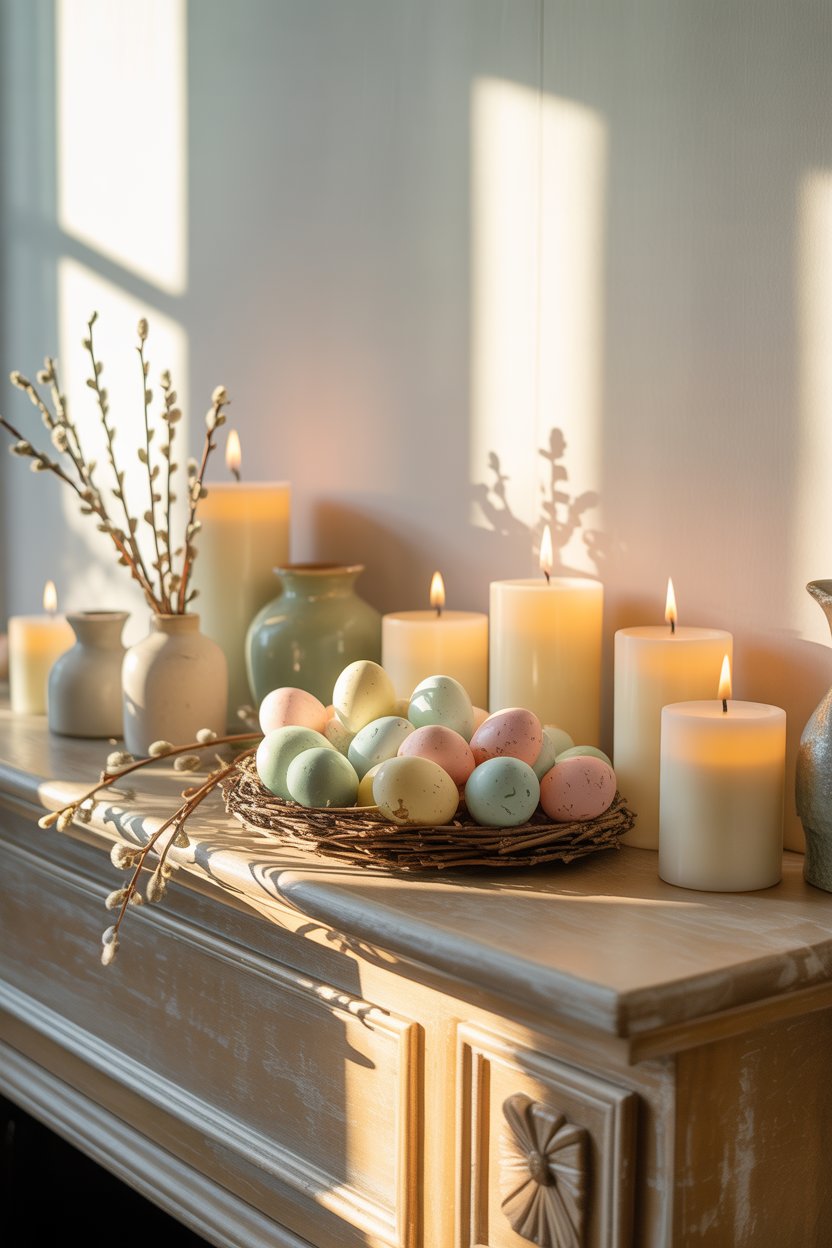 Candles and eggs styled on the mantel