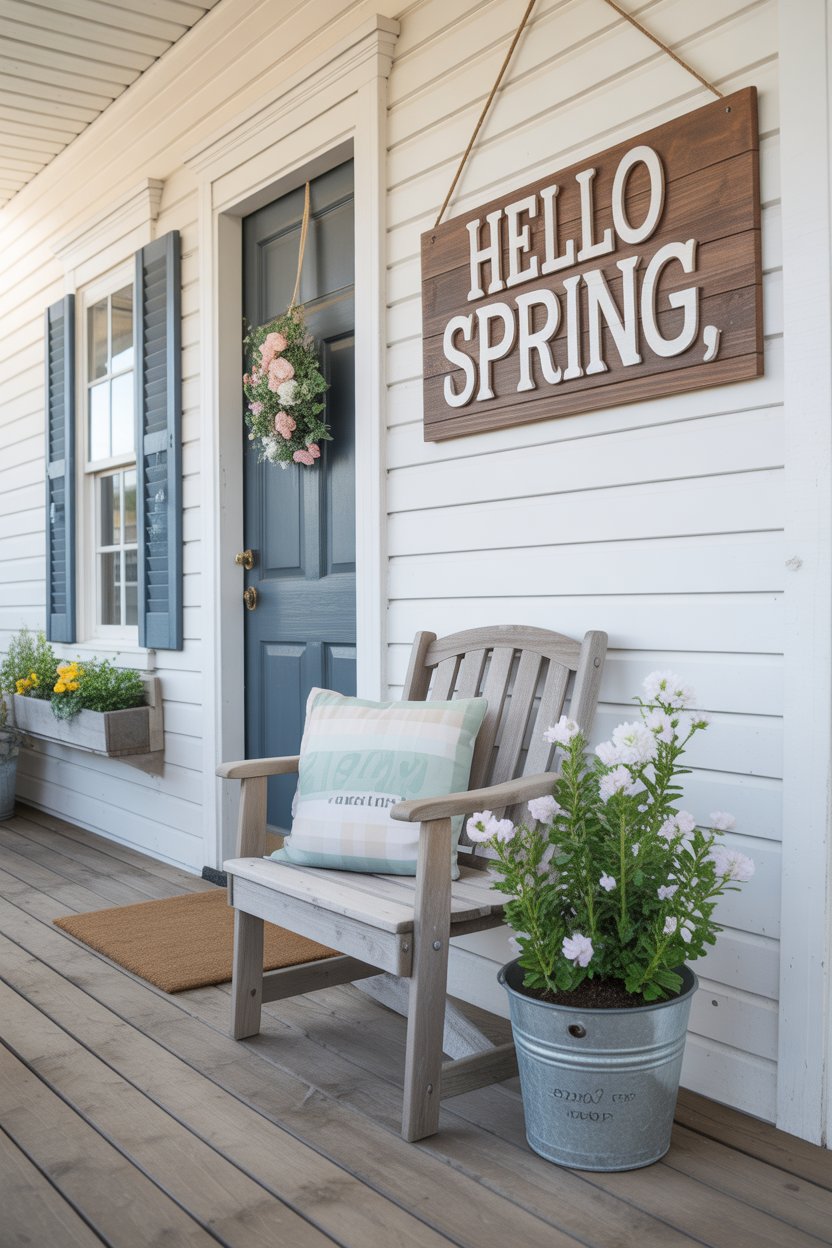 DIY farmhouse porch sign saying Hello Spring with rustic wood design