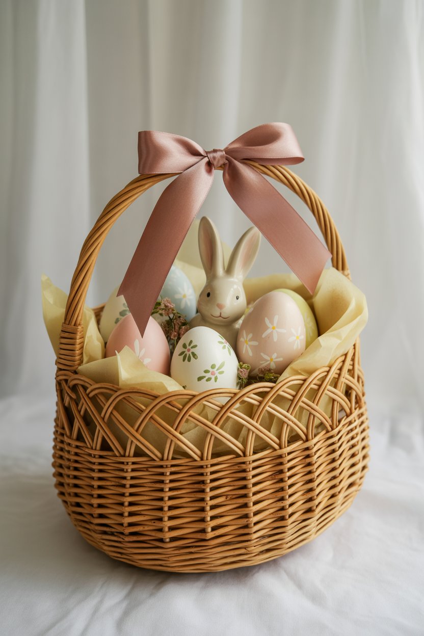 DIY French Easter Egg Basket with Pastel Eggs Bunny Figurine and Elegant Ribbon – Playful Easter Decor