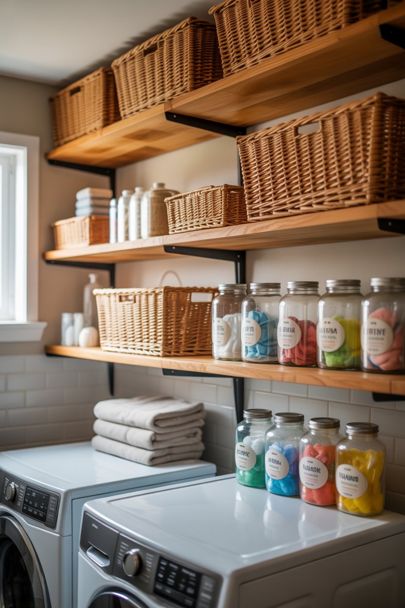 DIY wooden shelves in a small laundry room holding baskets and detergent jars