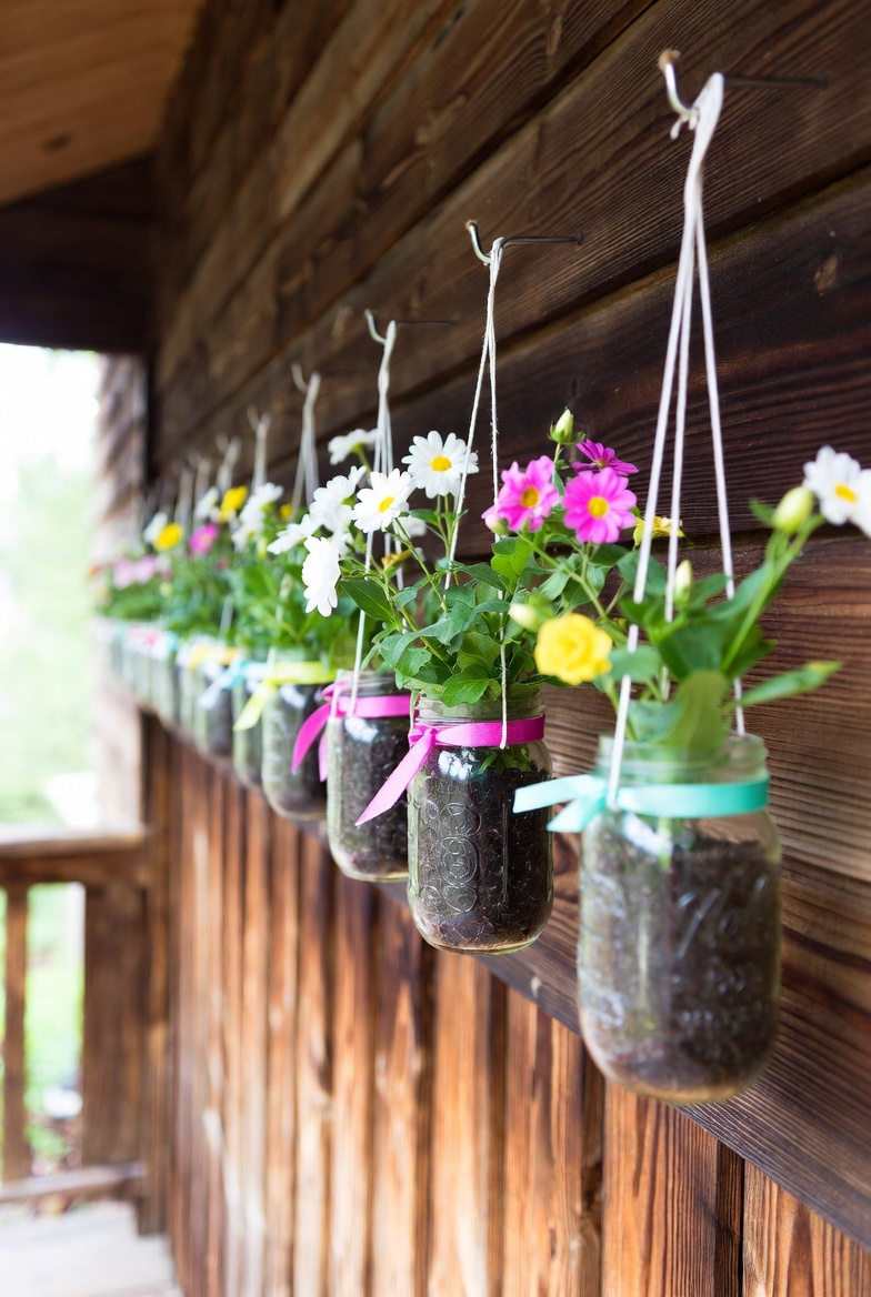 DIY mason jar hanging planter on porch