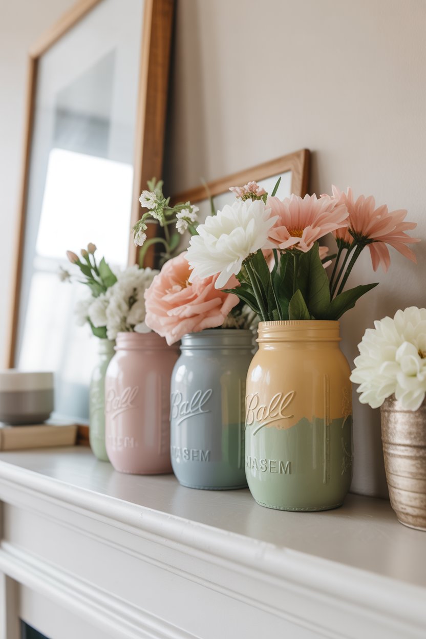 Mason jar flower arrangement on the mantel