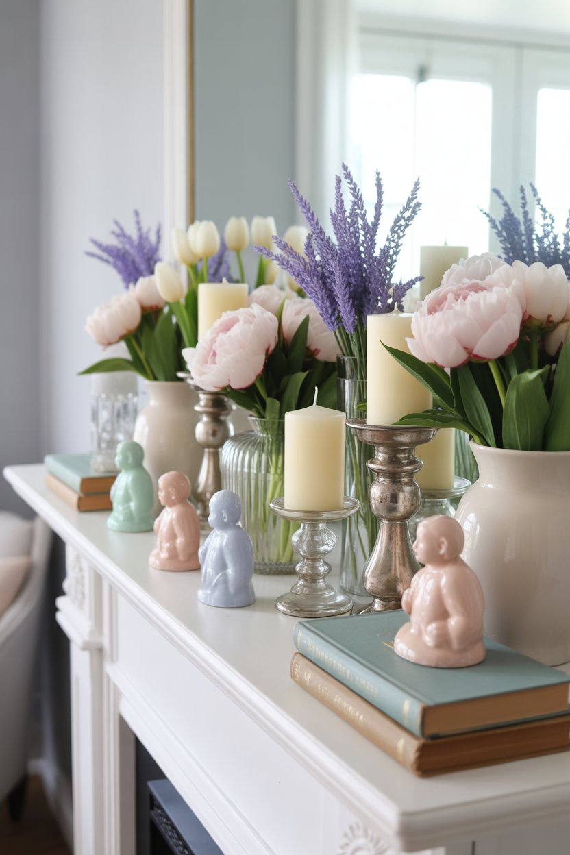 Pastel decor on the mantel