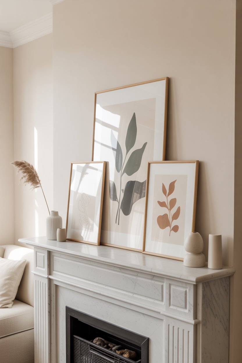 Framed art on the mantel