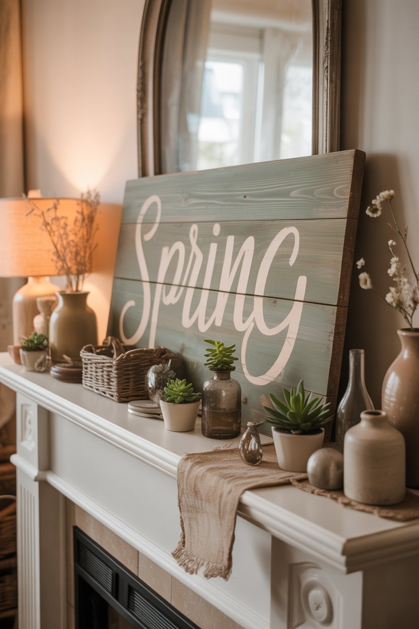 Wooden sign styled on a mantel
