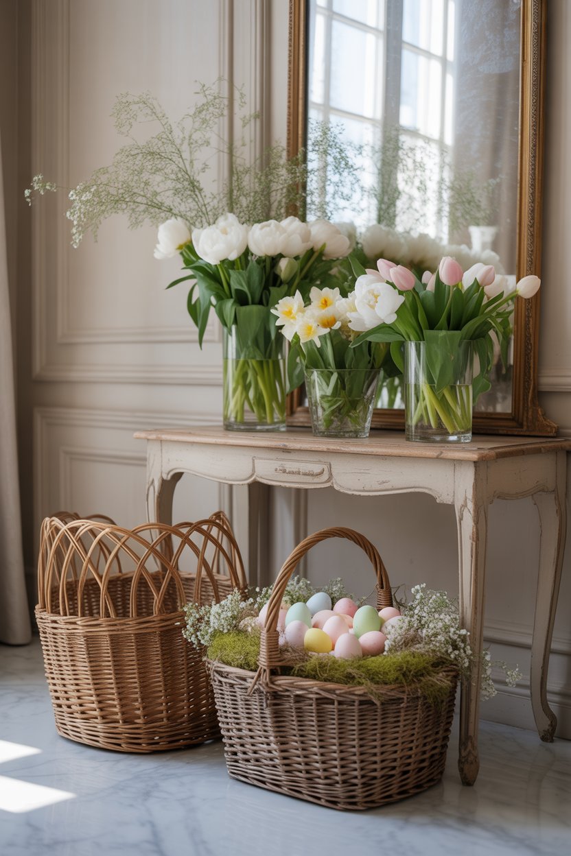 Easter entryway decor with flowers and a basket