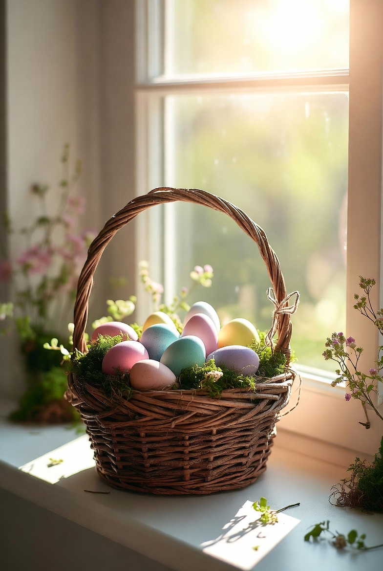 Decorative Easter basket with eggs on a windowsill