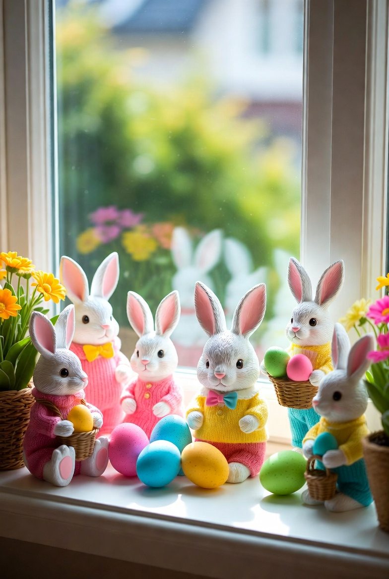 Easter bunny scene decoration on a windowsill