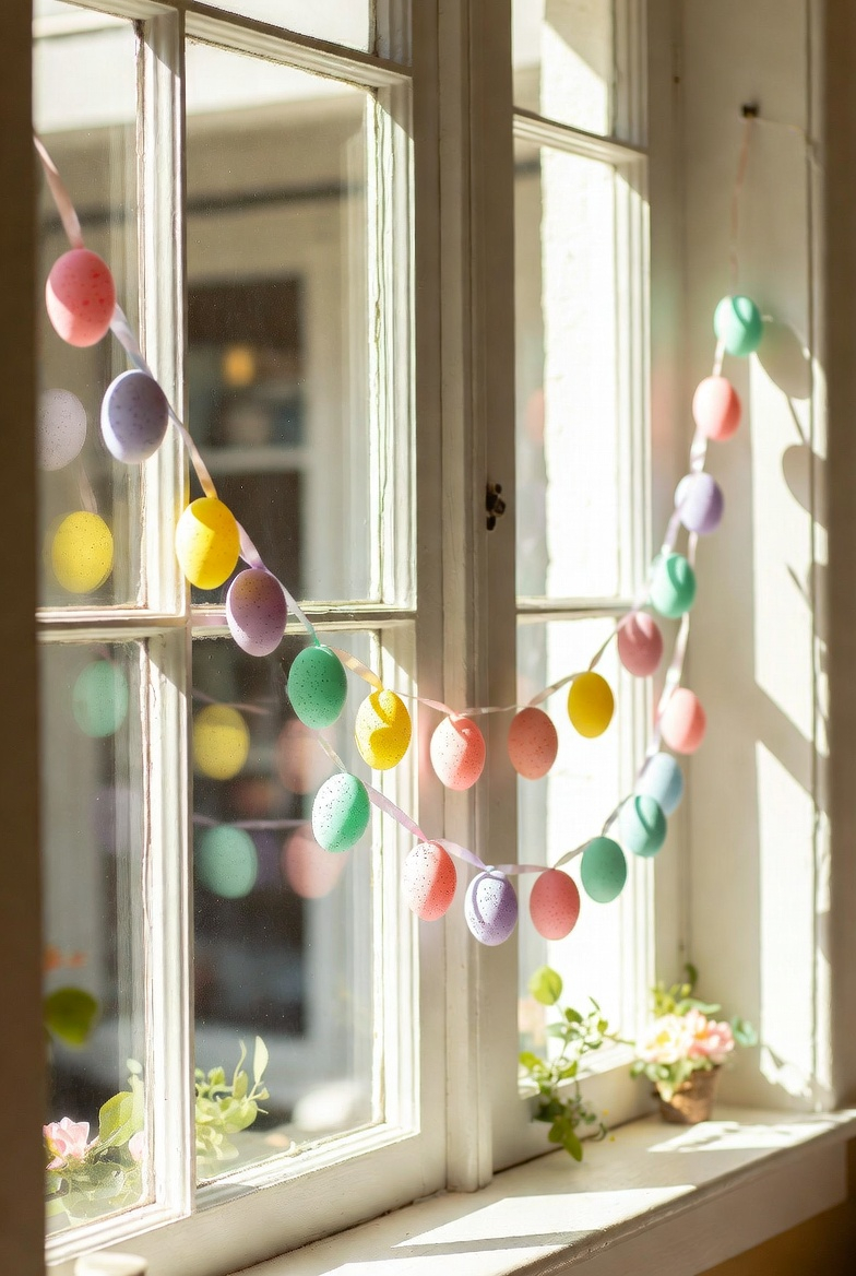 Colorful Easter egg garland decorating a spring window