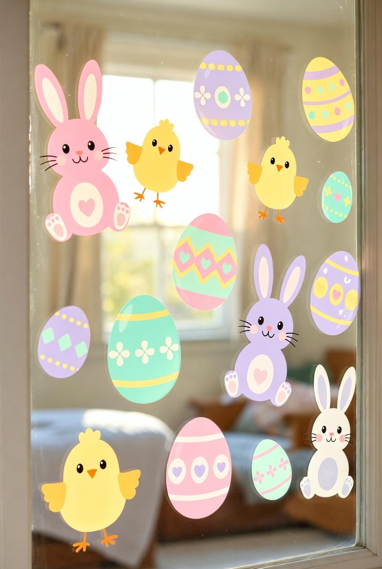 Easter-themed window clings with bunnies and eggs