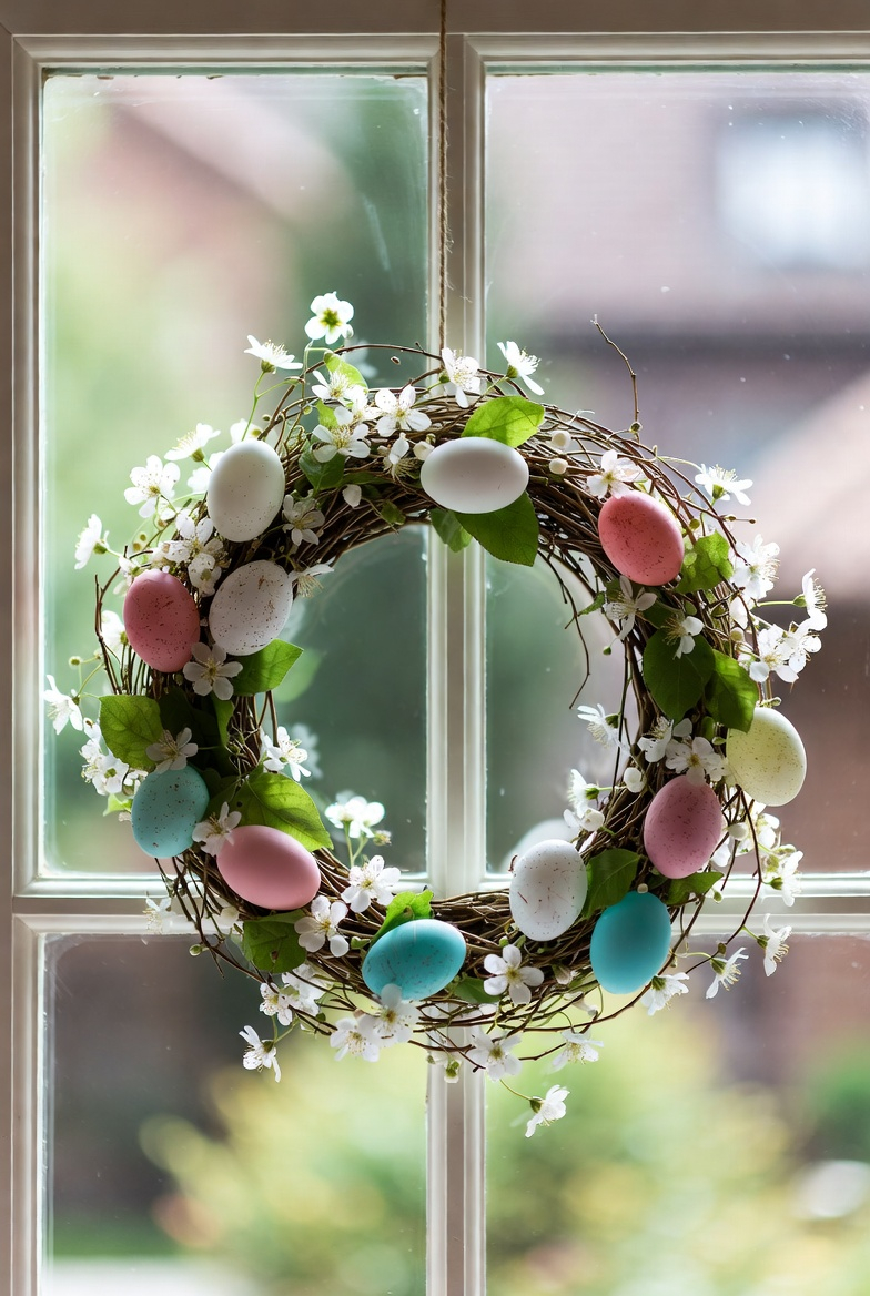 Spring floral wreath decorating a window for Easter