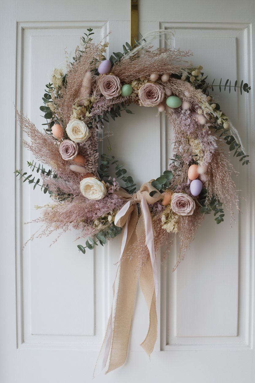 Elegant French Easter Wreath with Dried Flowers and Pastel Eggs for Front Door Decor
