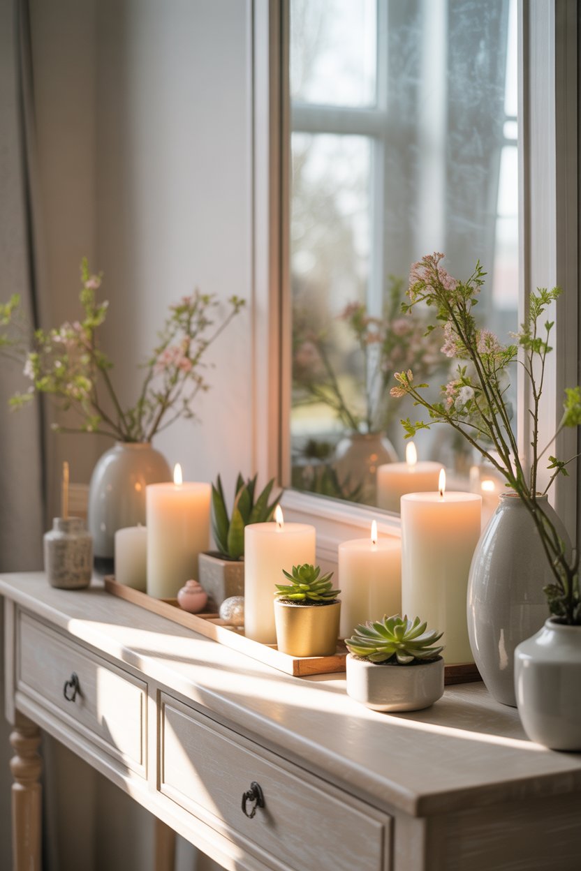candles used in the entryway, spring decor