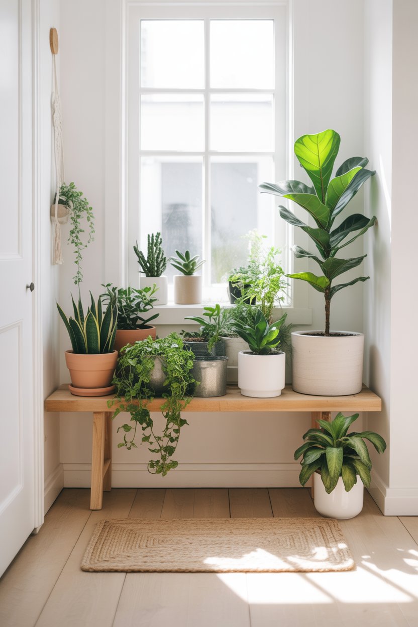 small entryway with green plants for spring decor