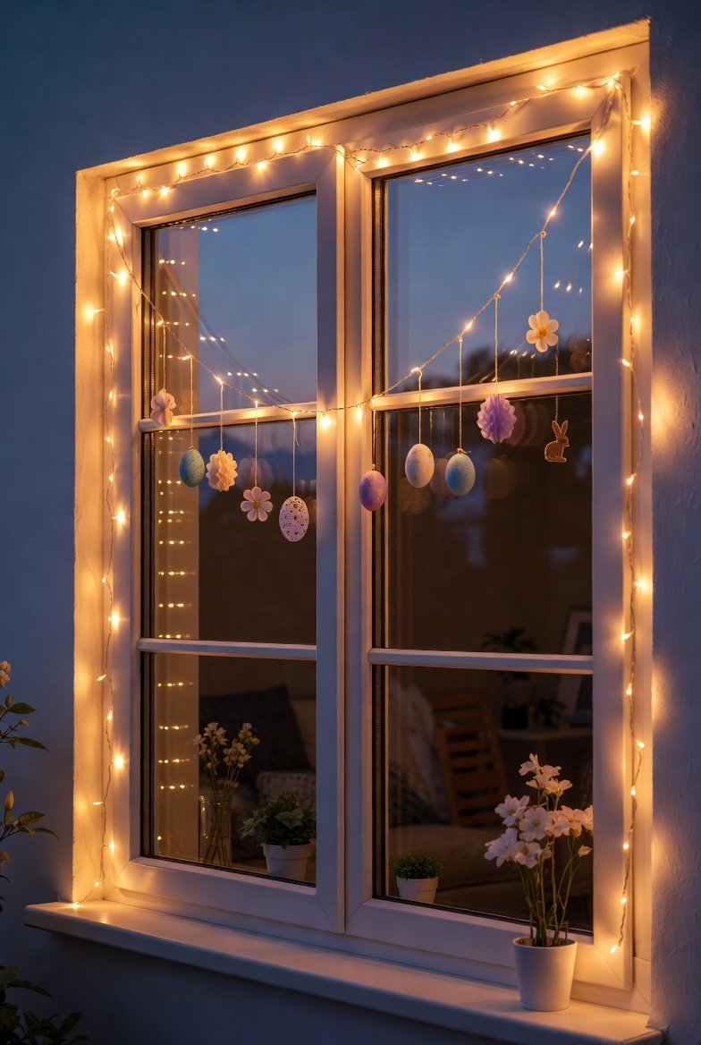 Warm fairy lights decorating an Easter window with mini eggs and bunny ornaments creating a cozy evening glow