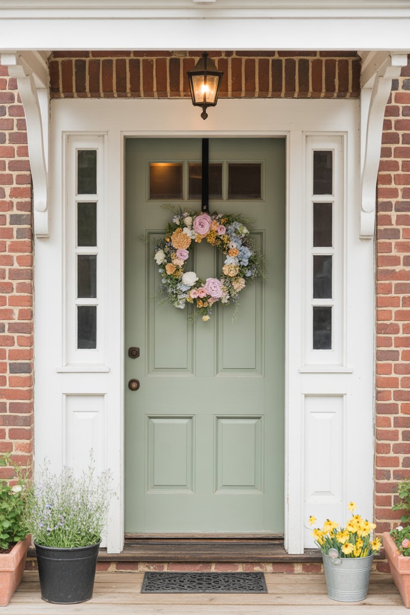 Farmhouse front door decorated with pastel floral spring wreath and rustic wooden details.