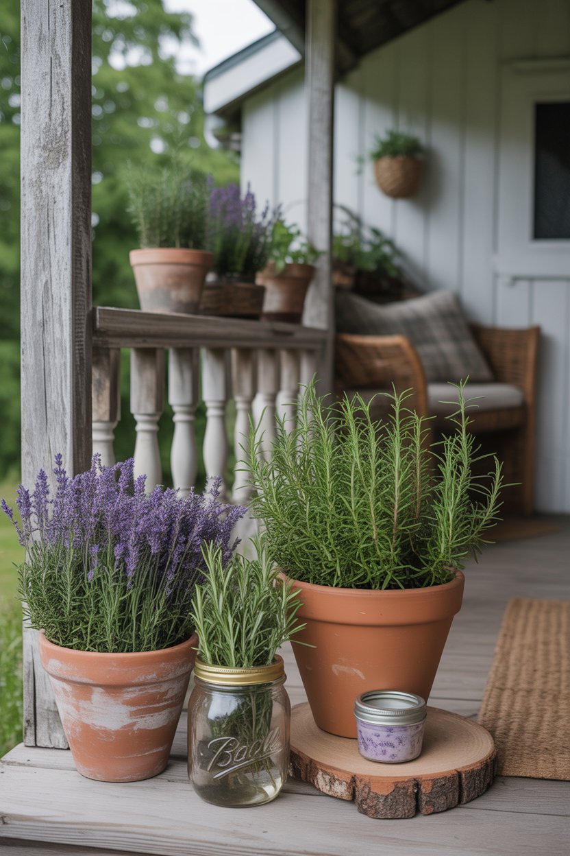 Mini herb garden on a farmhouse spring porch with rosemary, thyme, and lavender in mason jars.