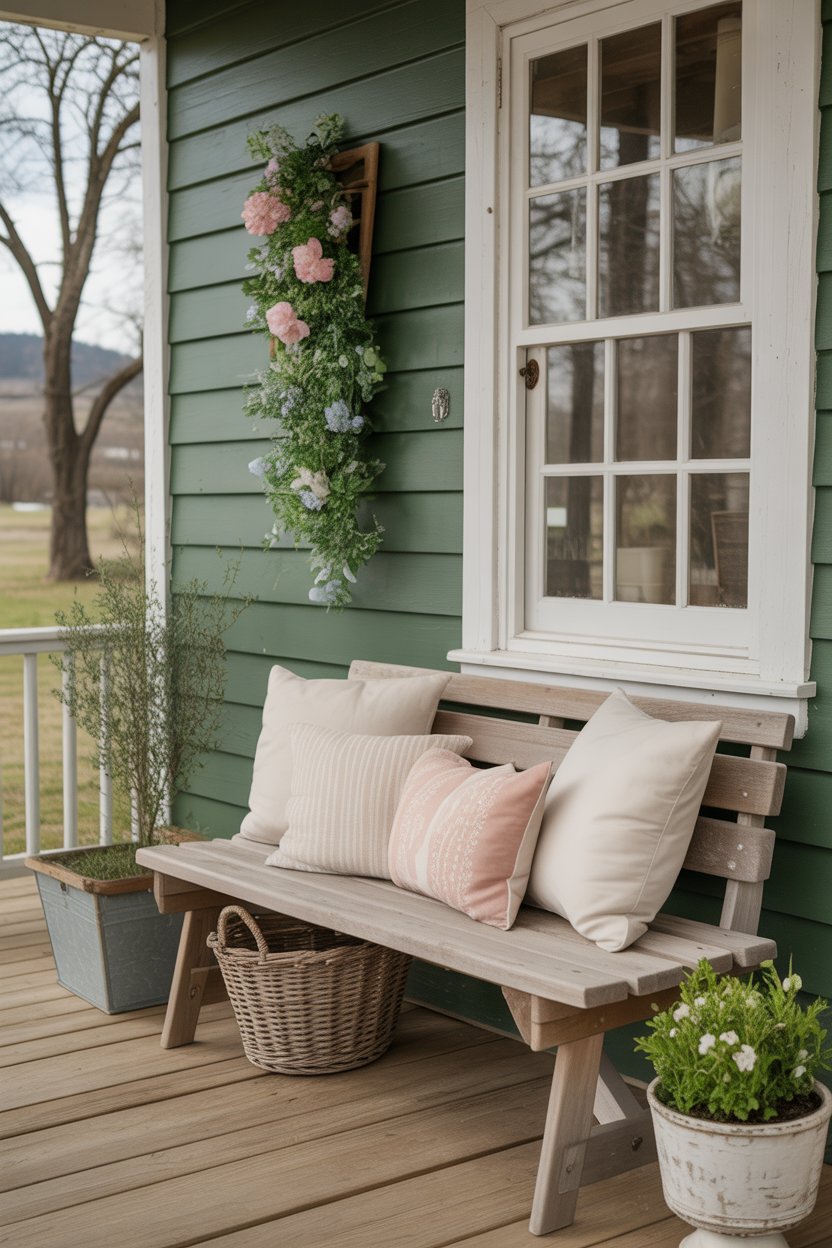 Farmhouse porch bench styled with pastel spring throw pillows and rustic accents.