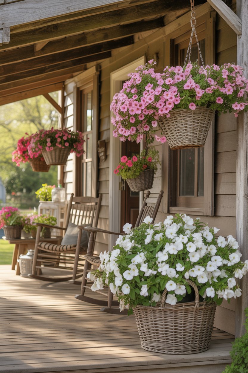 Farmhouse porch with hanging baskets filled with pink and white spring flowers and rustic wooden beams.