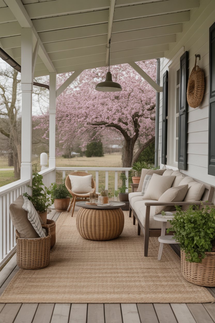 Neutral outdoor rug layered on a farmhouse spring porch with cozy seating area.