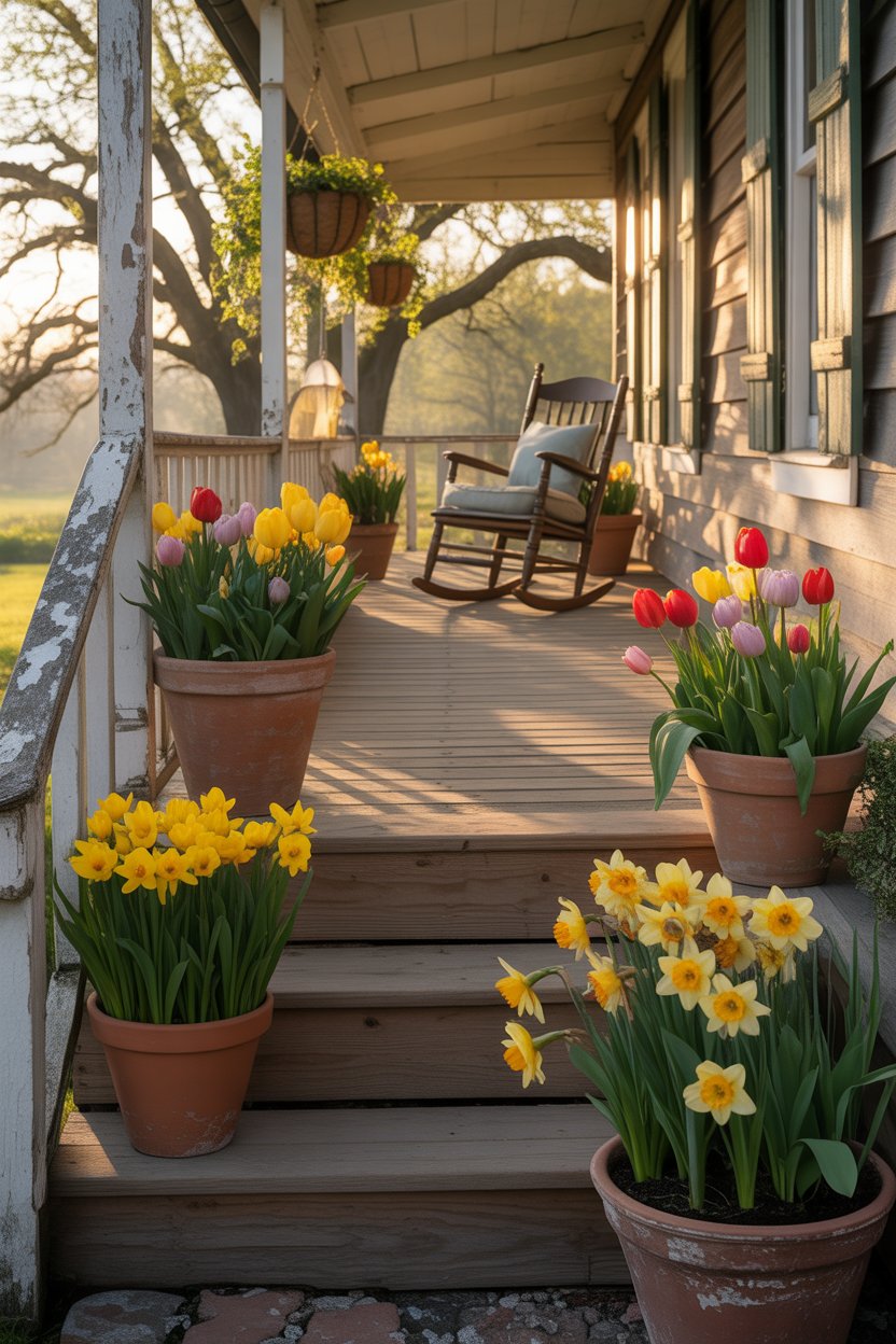 Colorful tulips and daffodils in rustic terracotta pots on a farmhouse spring porch with wooden steps.