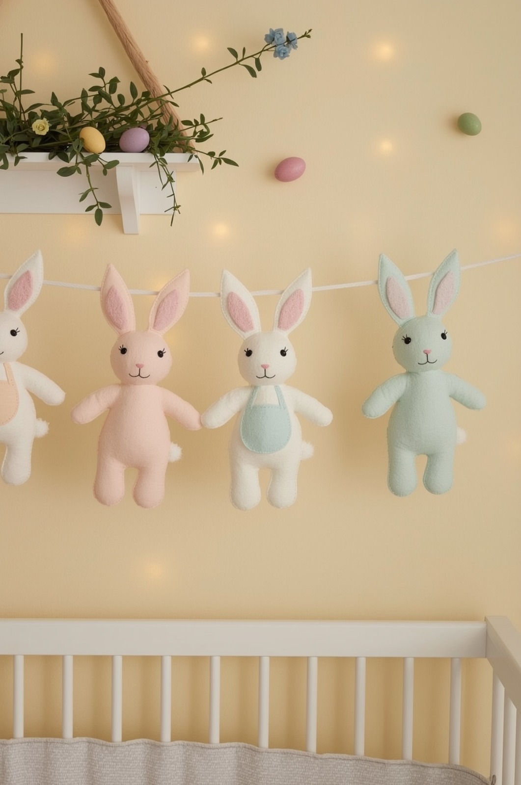 Felt bunny Spring Easter Garland decorating a cozy room