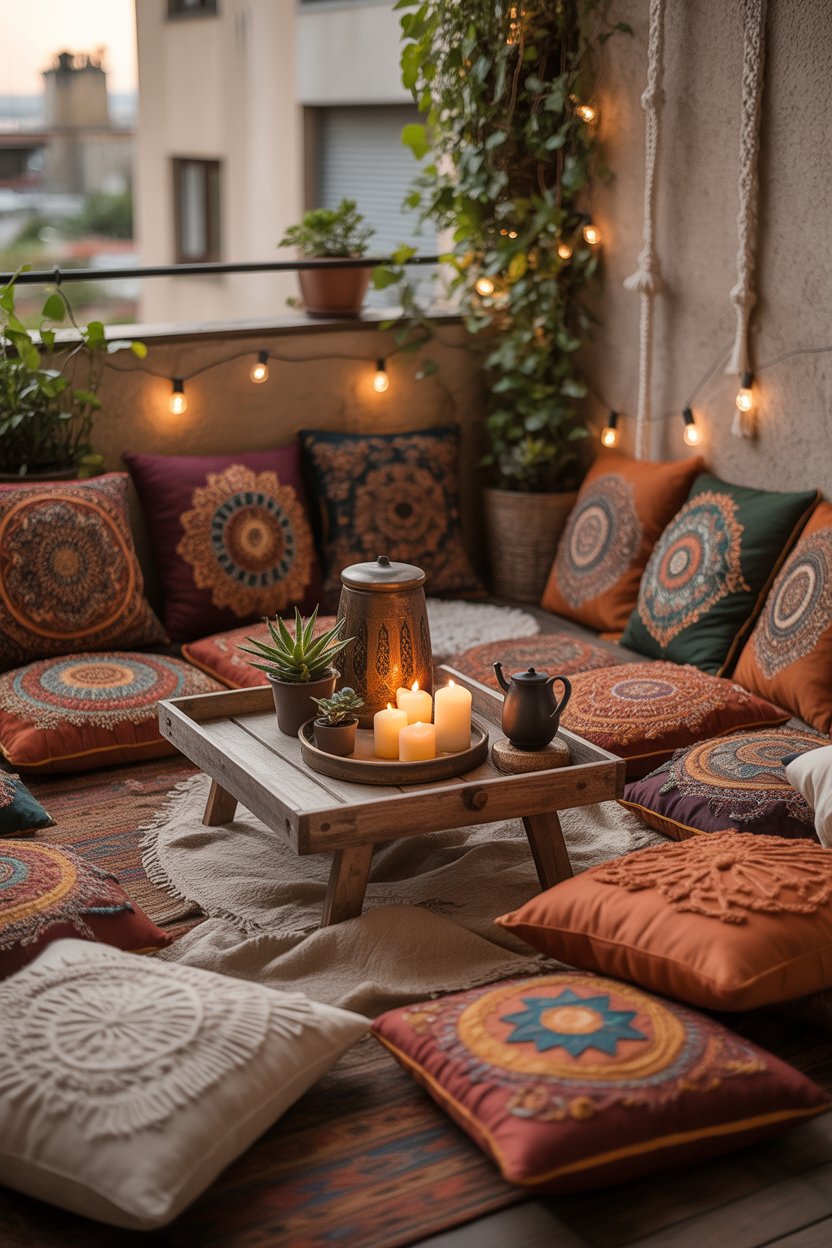Boho balcony floor seating with layered cushions and throws