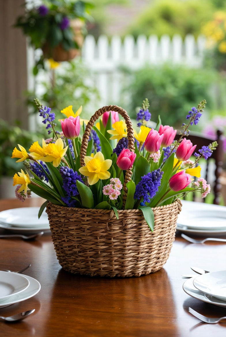 spring floral basket centerpiece idea