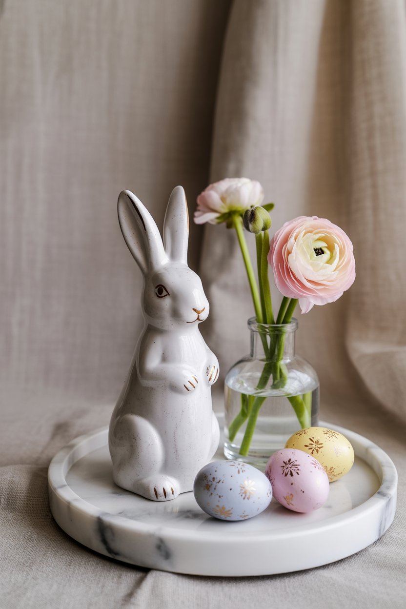 French Aesthetic Easter Vignette with Bunny Figurine Eggs and Spring Blooms – Styled Tray Decor