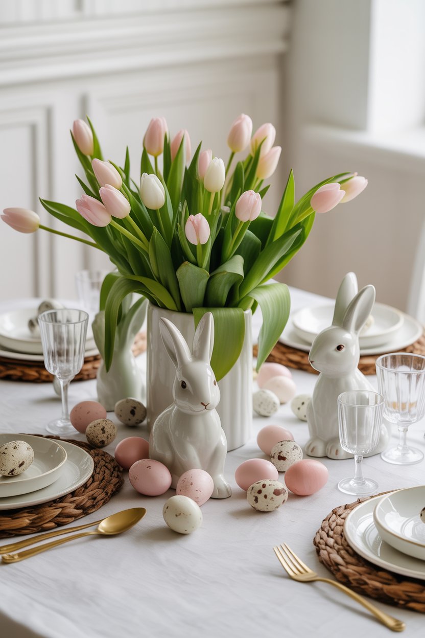 French Country Easter Table Centerpiece with Bunny Figurines and Pastel Flowers