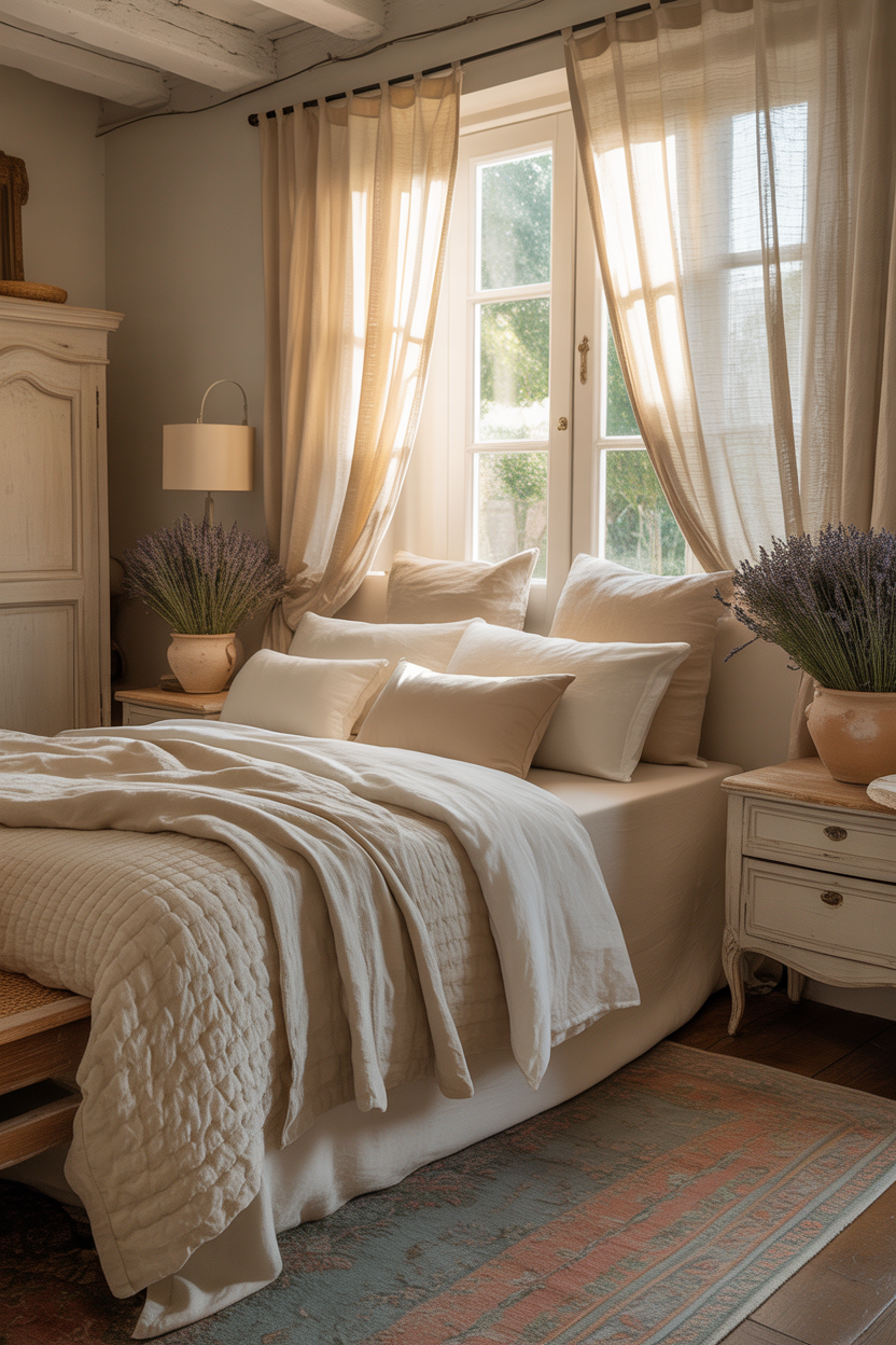 neutral French country bedroom with creamy layered bedding