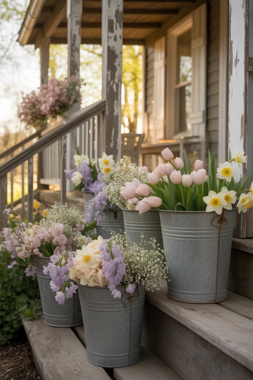 Galvanized metal buckets filled with pastel spring flowers on a cozy farmhouse porch.