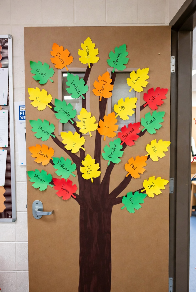 classroom door decorated with a tree and student names on leaves
