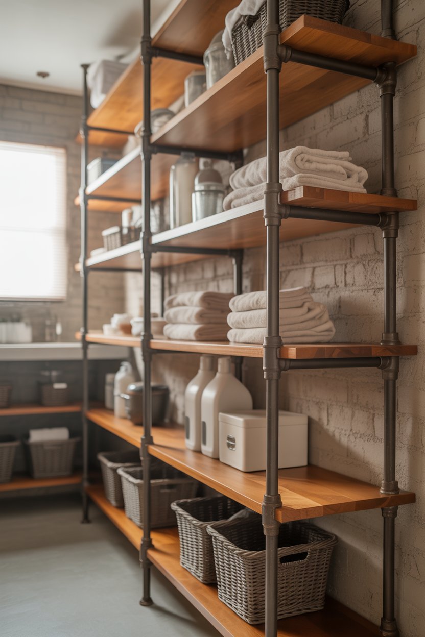 Industrial pipe shelves with wooden boards storing detergent jars in a modern laundry room.