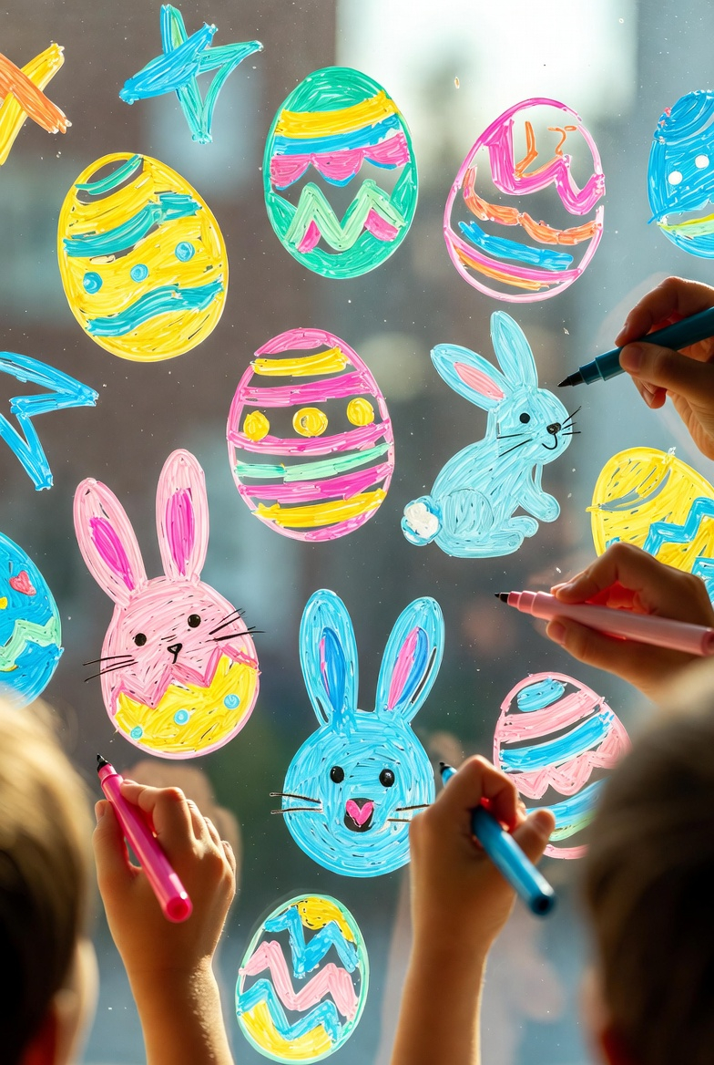Children decorating a window with Easter drawings