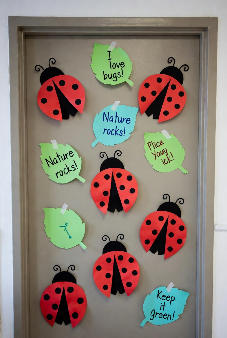 classroom door decorated with paper ladybugs and messages