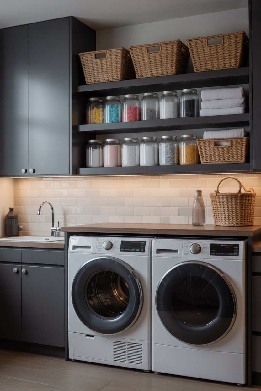 Laundry room with cabinets and open shelves storing jars, baskets, and folded towels