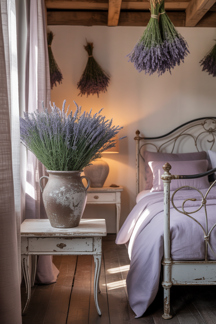 lavender flowers in a French cottage bedroom