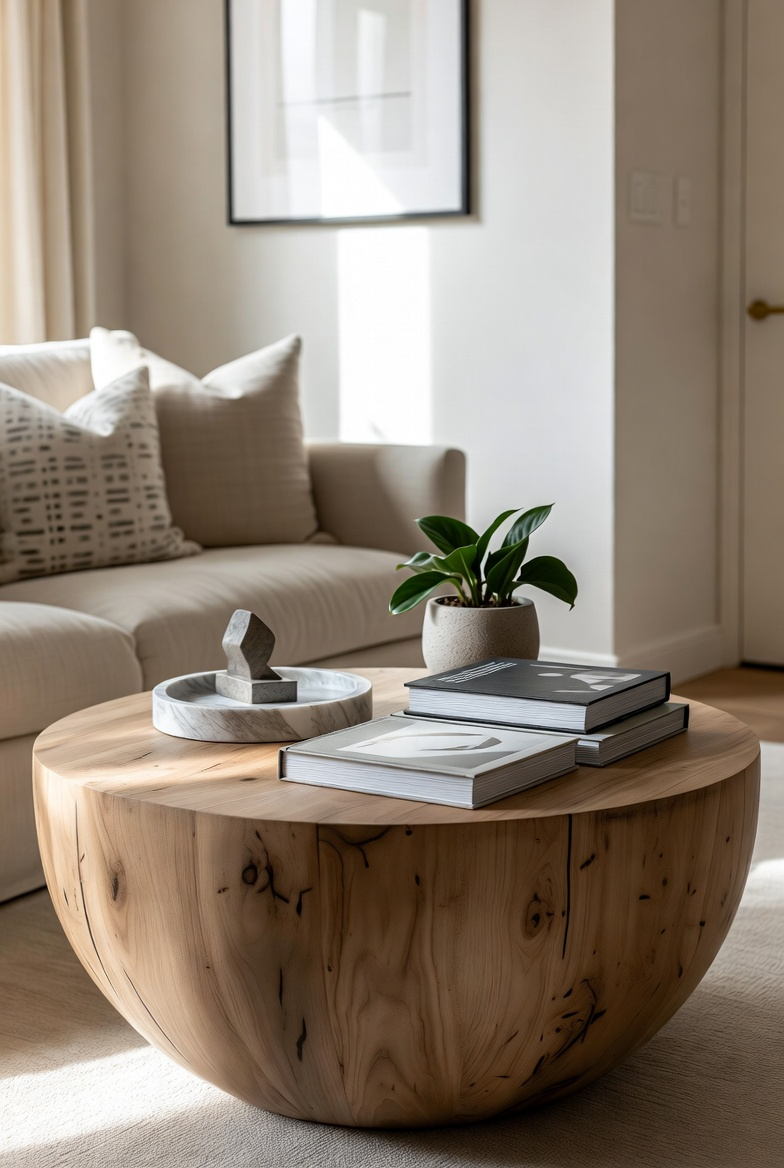 Layered luxe round coffee table decor with books, tray, and sculpture