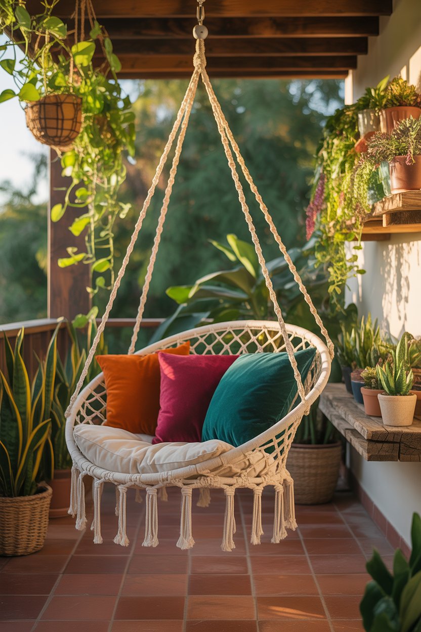 Boho hanging macrame chair on balcony with cozy setup