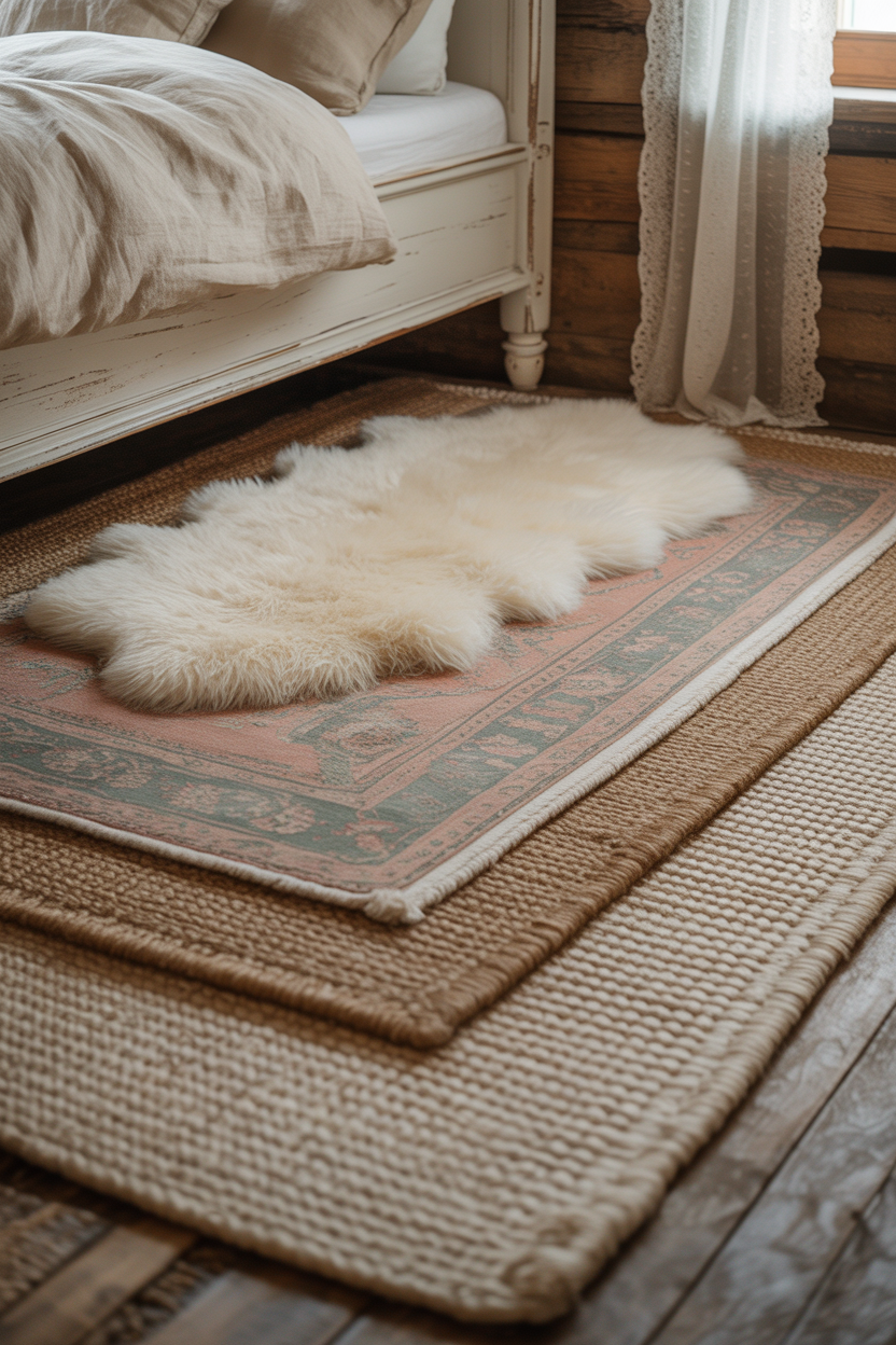 layered rugs in a French country bedroom