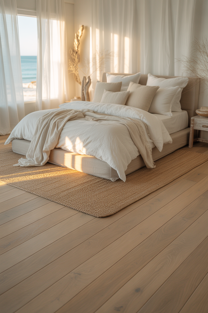 Soft lighting in a cozy coastal bedroom