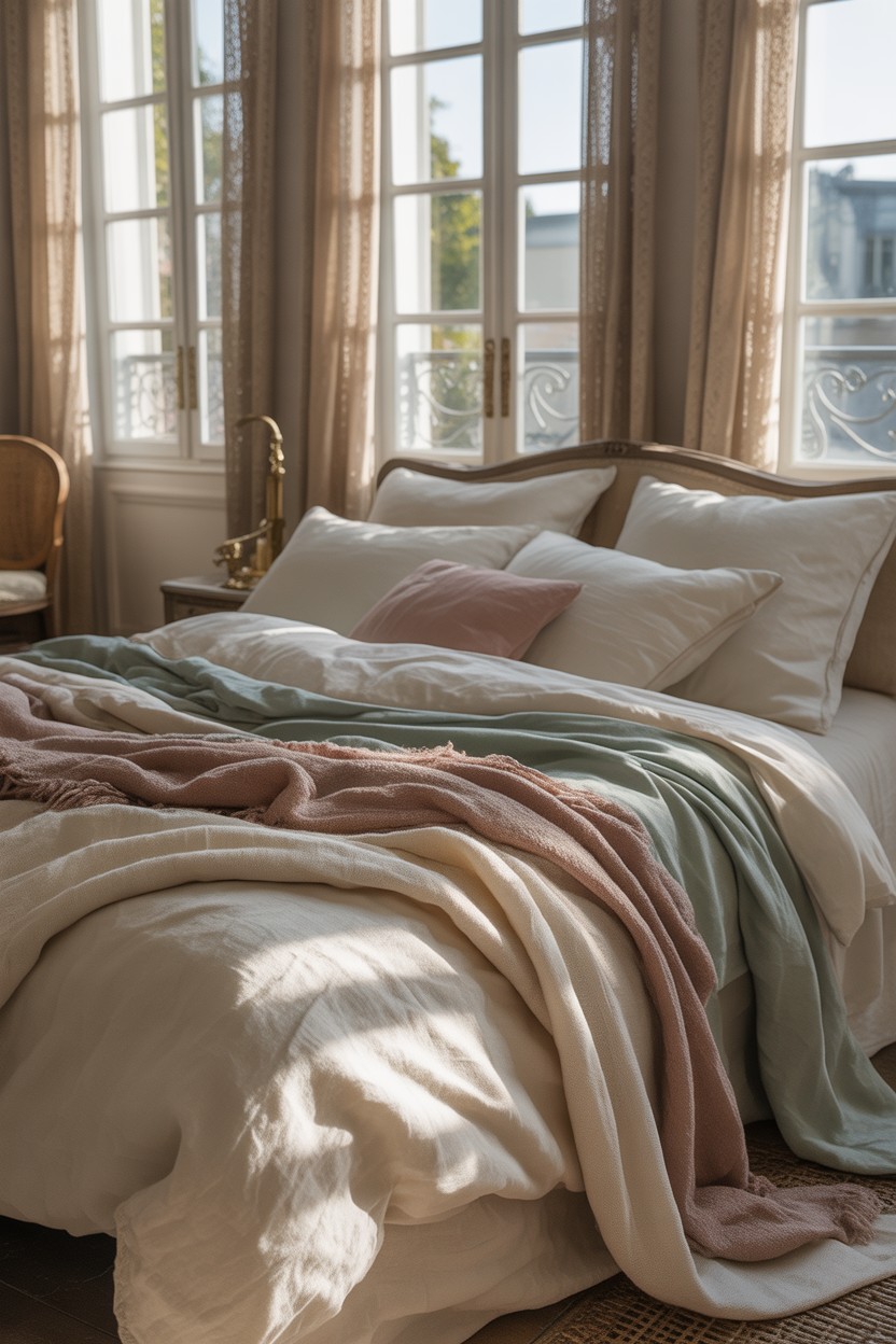ayered linen bedding in a cozy French bedroom