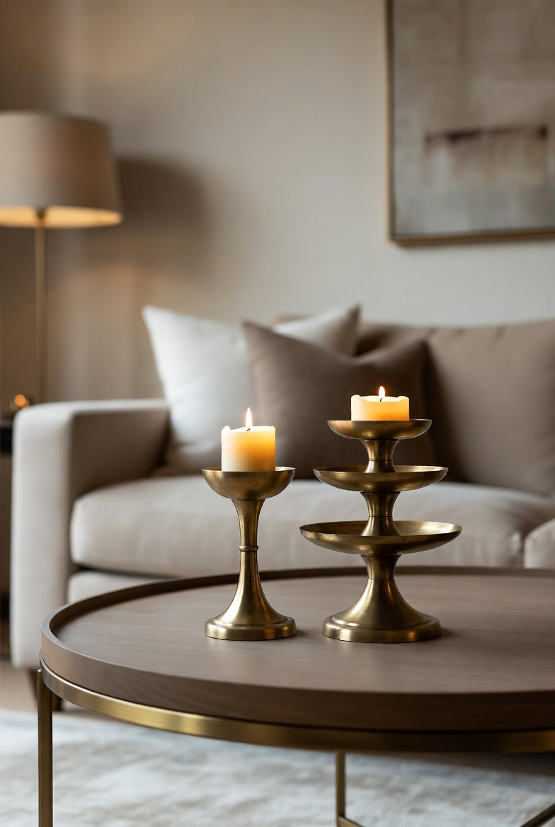 Metallic accent styling on a round coffee table