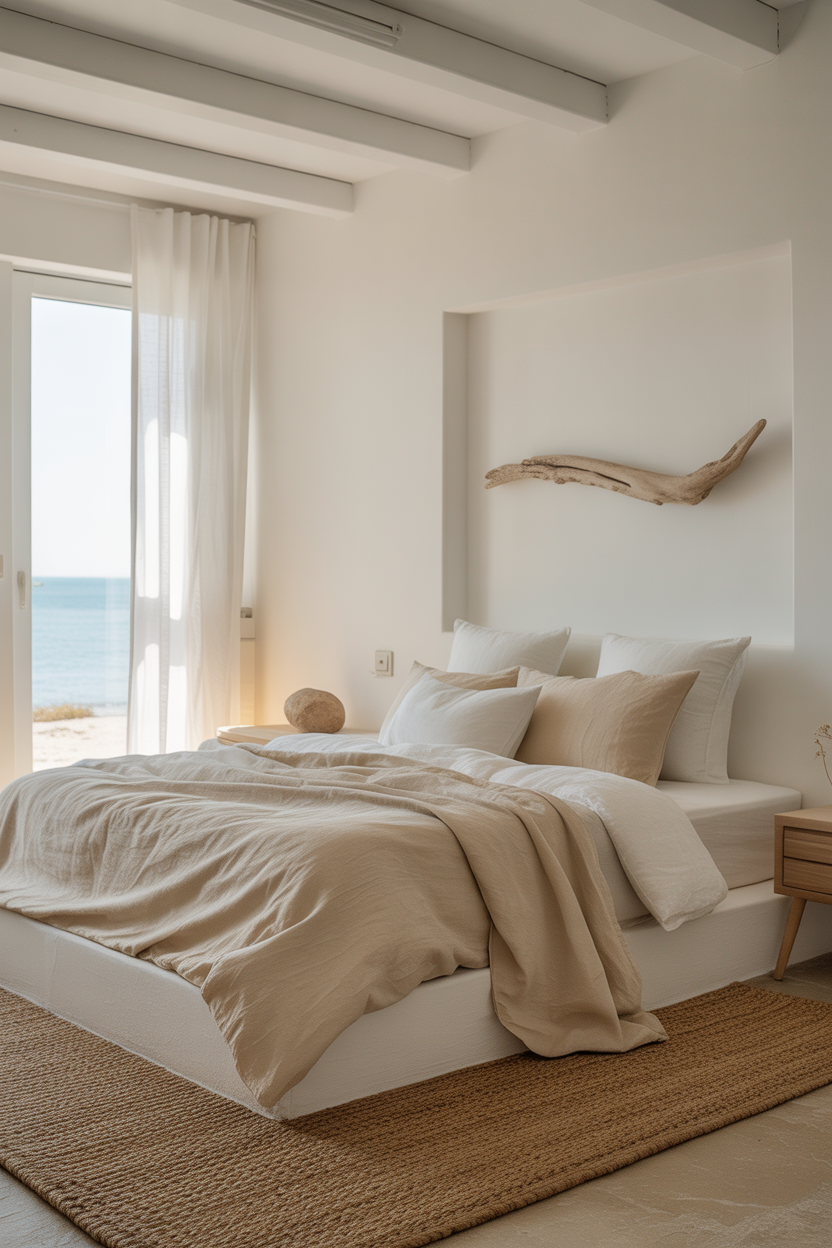 Layered bedding in a cozy coastal cottage bedroom
