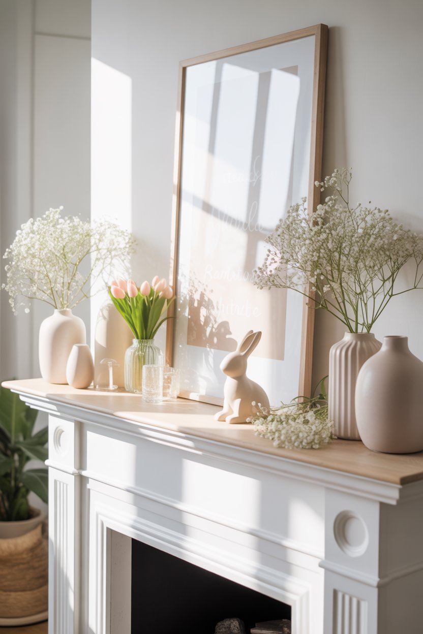 Minimal Easter mantel decor with neutral tones, soft spring flowers, and elegant modern styling
