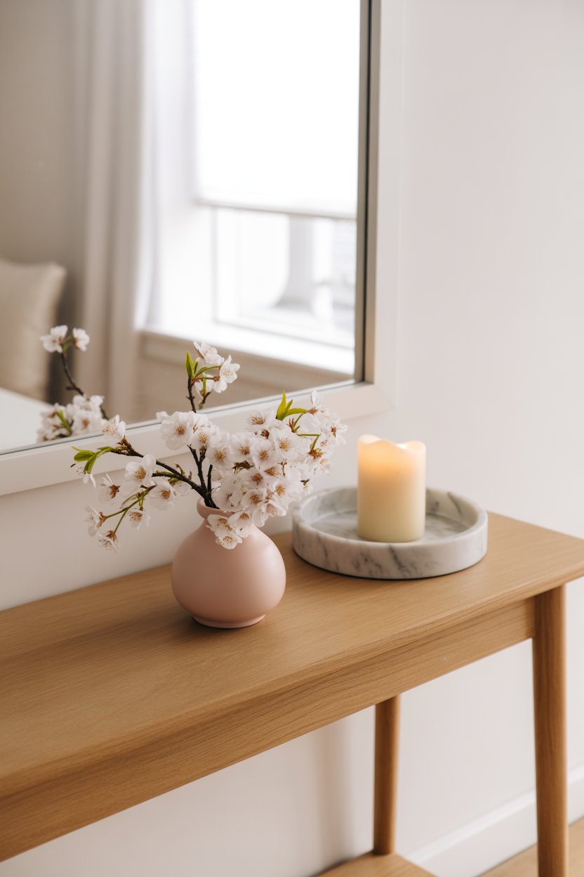 minimal entryway table with spring decor accents