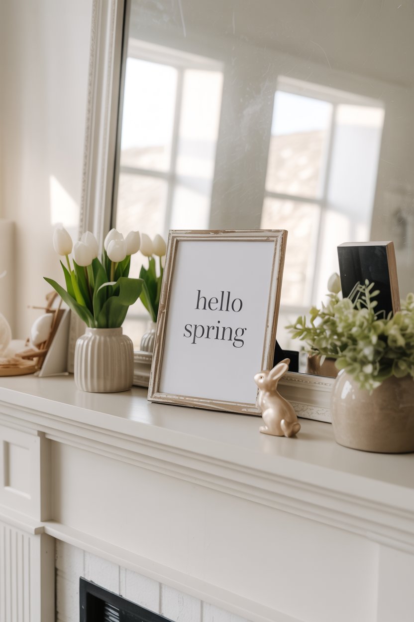Minimal spring quote frame with neutral decor on Easter mantel