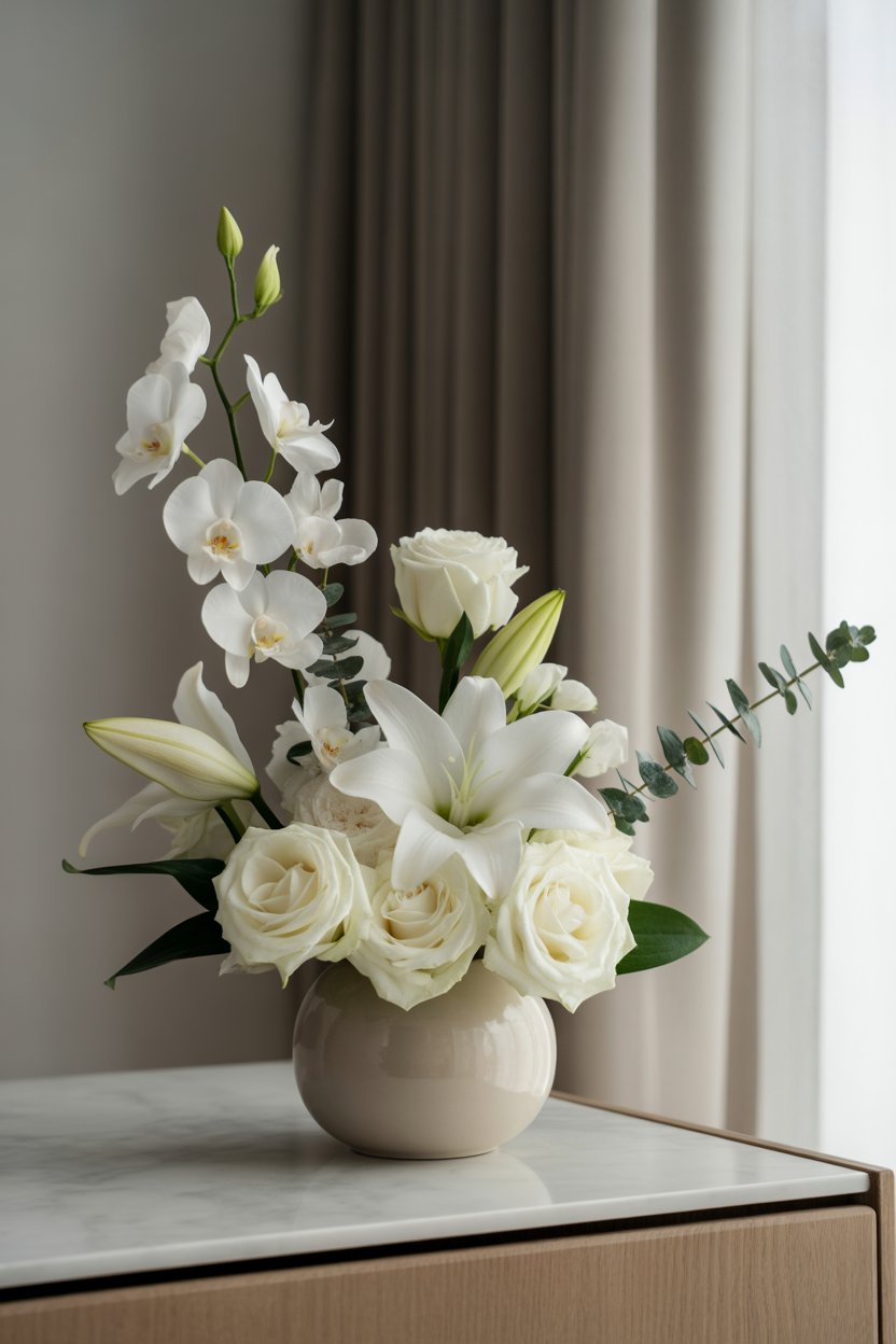 minimal white easter floral arrangement, modern style