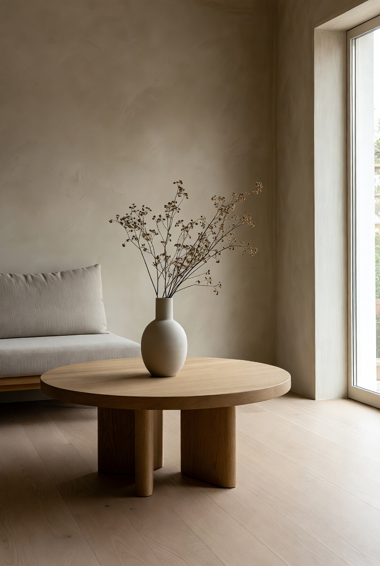 Minimalist round coffee table with single vase